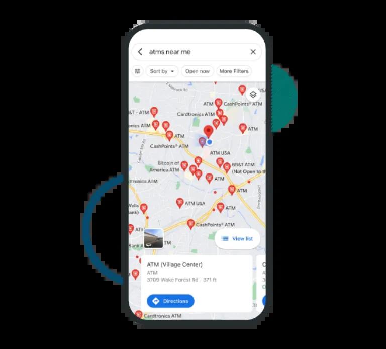 Mobile phone displaying Civic's map feature, showing all available ATM options in your area.