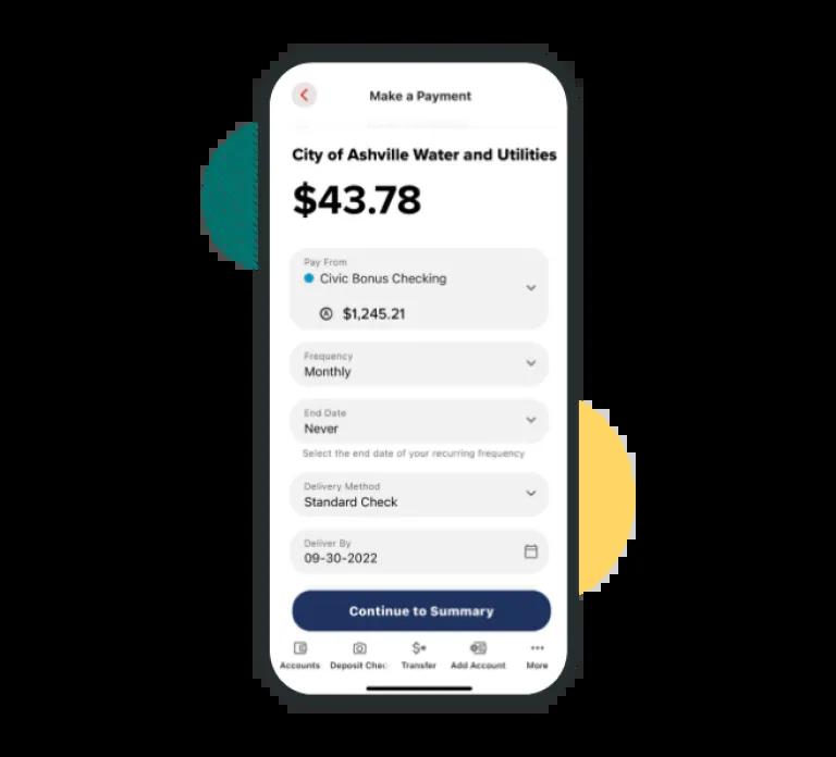 Cellphone displaying the Bill Pay management screen on Civic's app.
