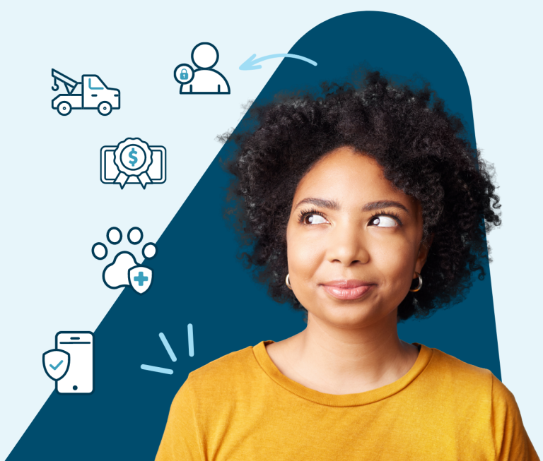 Woman looking at icons depicting the benefits of the Civic Signature Plus Checking Account that can save Civic members up to $1,300 annually for $6 a month. 