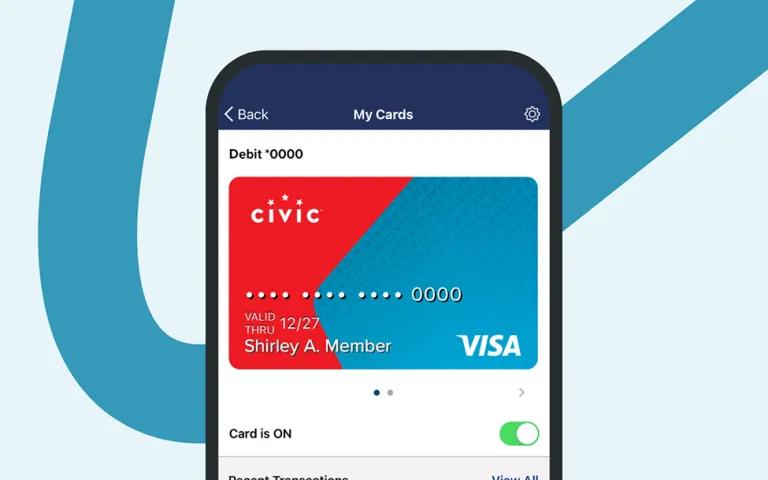 Civic credit card on a cell phone in the digital wallet.