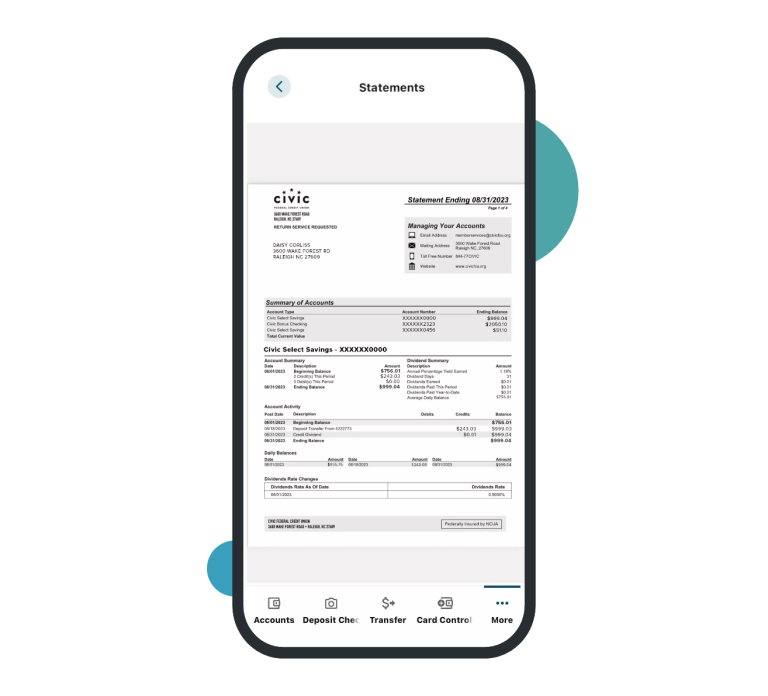 eStatements in the Civic mobile app save money and use less paper, helping the environment.