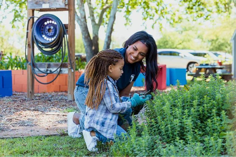 An adult and a child kneel together in a community garden, tending plants and smiling while working outdoors on a sunny day.