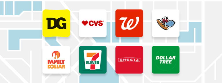 Logos of retailers where you can use the barcode to load cash.