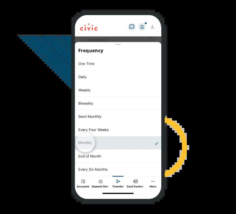 Cellphone displaying the Civic mobile app on the screen where recurring payments can be managed.