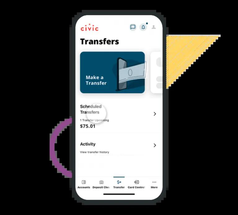 Cellphone with the Civic mobile app open on the transfer screen.