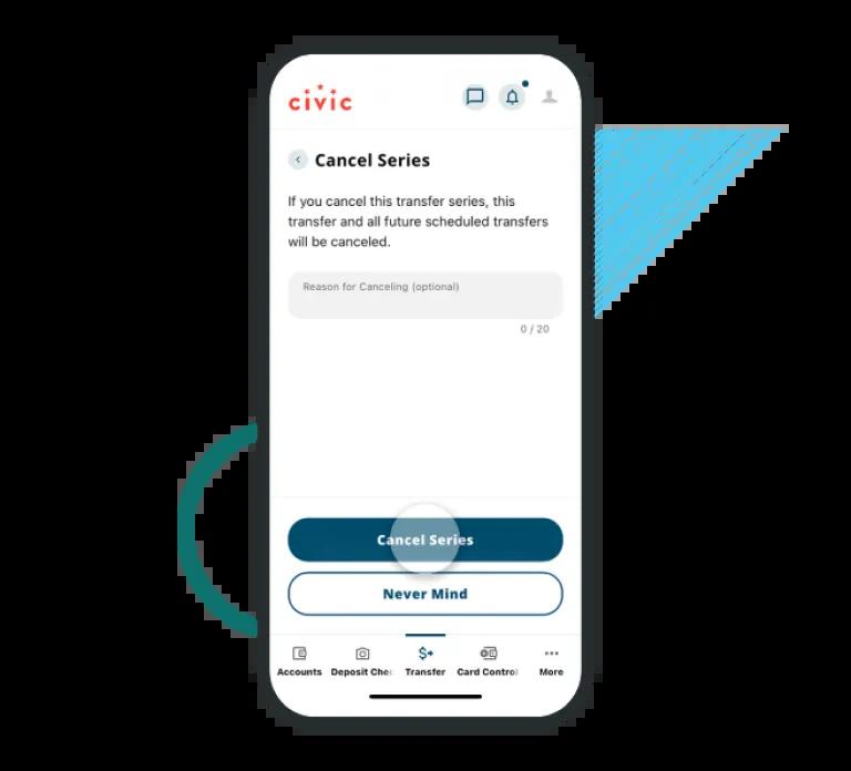 Cellphone displaying the Civic mobile app on the screen showing how to cancel a transfer.