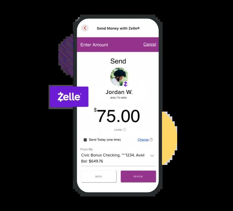 Cellphone displaying the Zelle screen on the Civic mobile app.