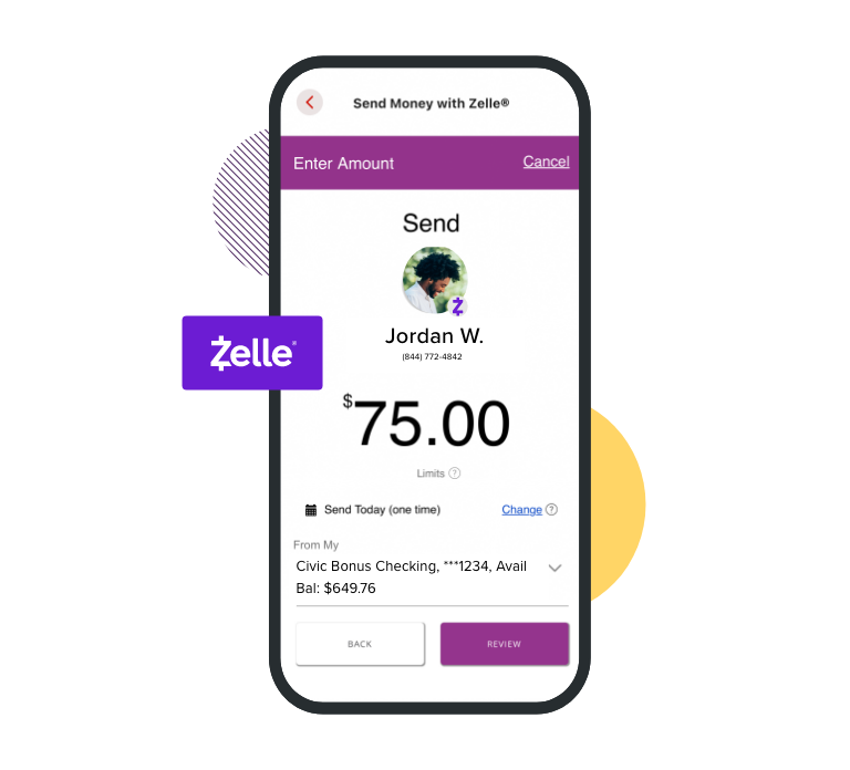 Cellphone displaying the Zelle screen on the Civic mobile app.