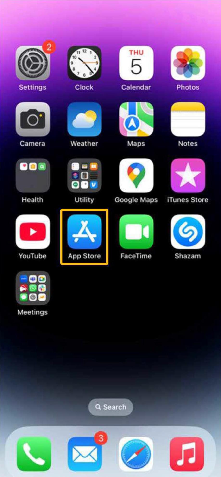 Mobile phone home screen showing Apple app store highlighted.