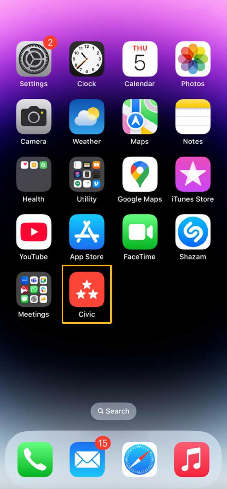 Mobile phone home screen showing the Civic app highlighted.